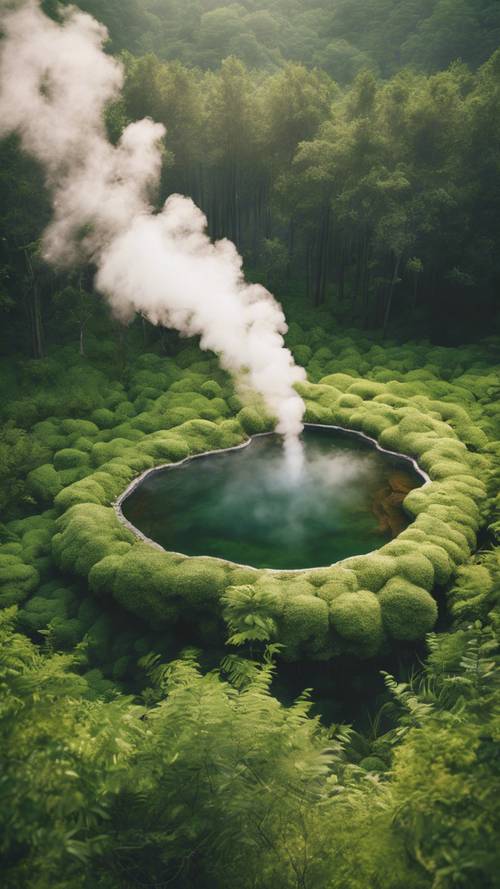 A steaming geothermal hot spring in a lush green forest.