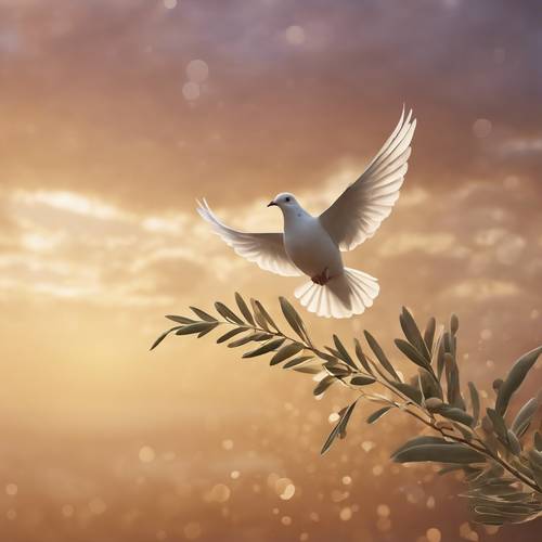 Art Deco depiction of a dove in flight carrying an olive branch in a sunset background Tapeta [974791aa4f214a63a35f]