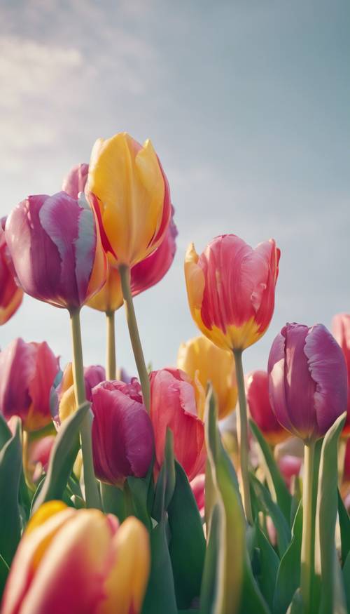 Uma série de tulipas kawaii nas cores do arco-íris amontoadas contra o horizonte da primavera.