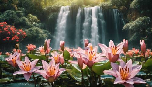 Maestosa cascata circondata da gigli esotici e piante di loto galleggianti.