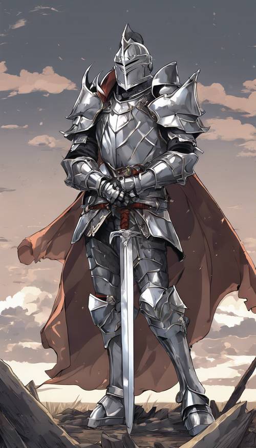 动漫中描绘了一个沮丧的骑士，他闪亮的盔甲在灰色的天空下显得暗淡。