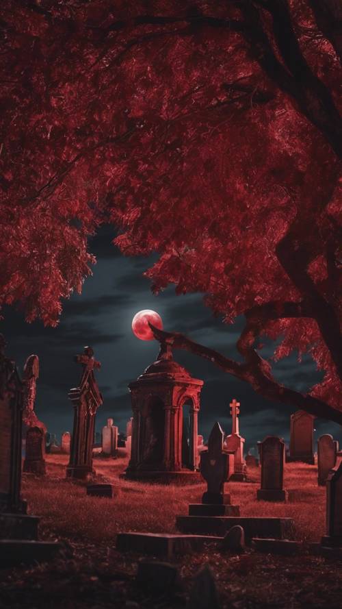Vieux cimetière gothique rouge sous un croissant de lune