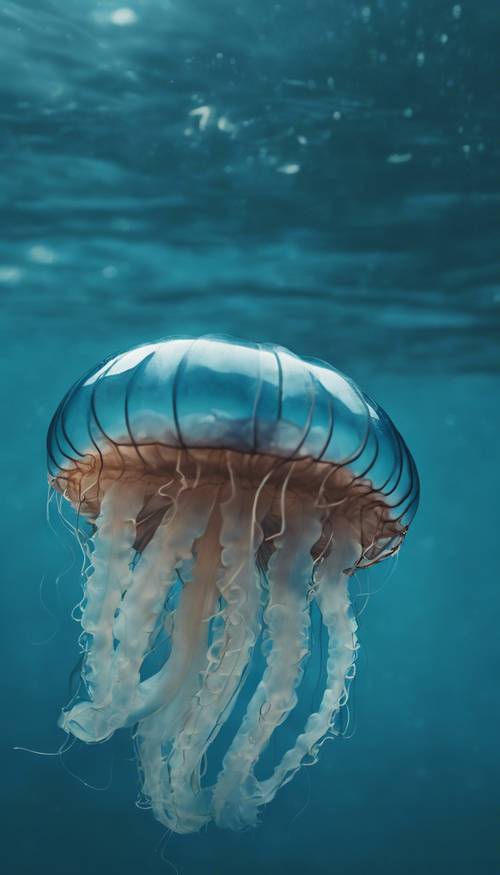 A large blue jellyfish with long, slender tentacles drifting gently on the water's surface. Tapet [f36a805fe4ae4fa5a1ca]