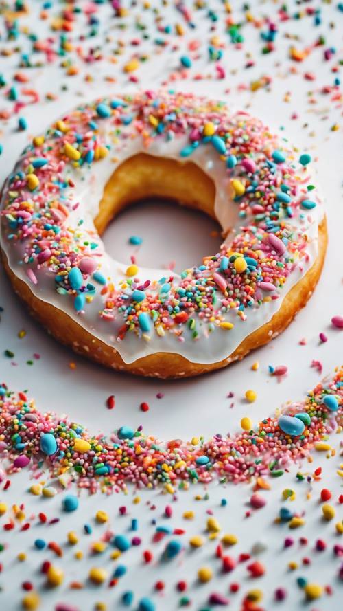 A super close-up image of multicolored sprinkles on a pristine white donut.