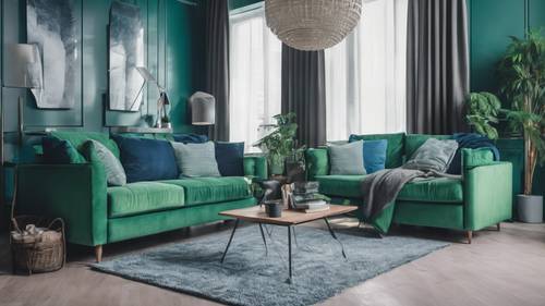 Một phòng khách có tông màu lạnh được trang trí với đồ nội thất và điểm nhấn màu xanh lá cây và xanh lam.