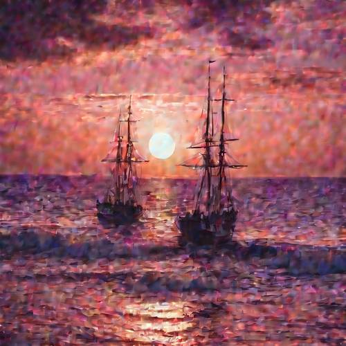 غروب الشمس الرومانسي الأرجواني العتيق المطل على البحر، مع وجود سفينتين شراعيتين على مسافة.