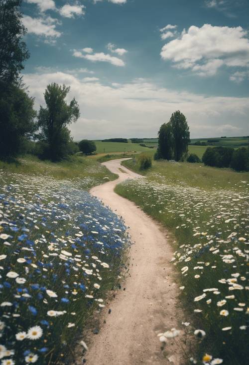 Eine kurvenreiche Landstraße, gesäumt von dichten Feldern mit Kornblumen und Gänseblümchen.