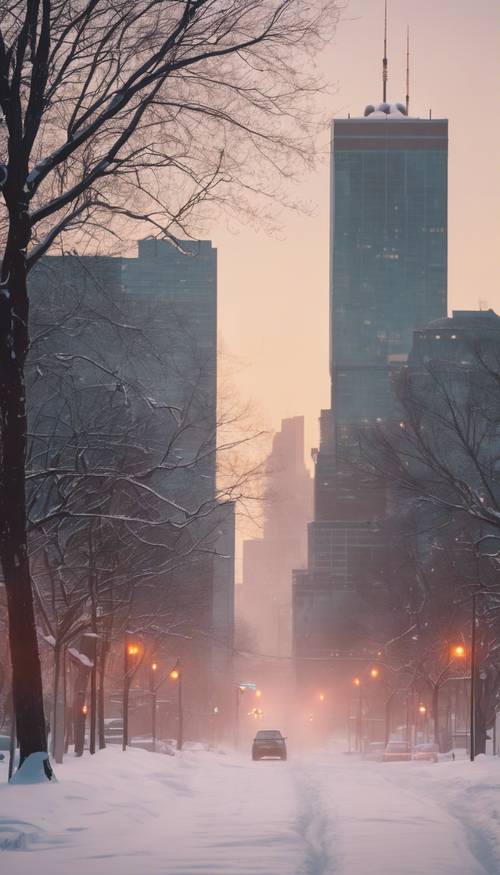 Montreal city skyline during a snowy winter dusk, the skyscrapers peeking out from the icy fog.