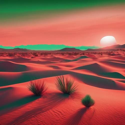 Miragem abstrata em vermelho e verde, que lembra a visão de um artista moderno sobre um pôr do sol no deserto