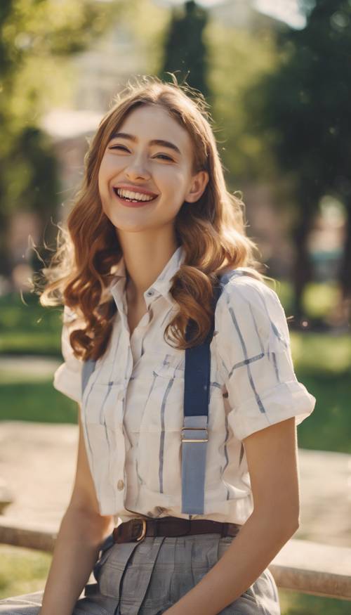 Seorang wanita muda mengenakan pakaian bergaya preppy, tersenyum gembira di taman yang cerah.