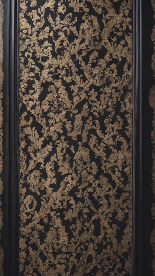 An aged black damask wallpaper peeling off from a Victorian mansion wall.