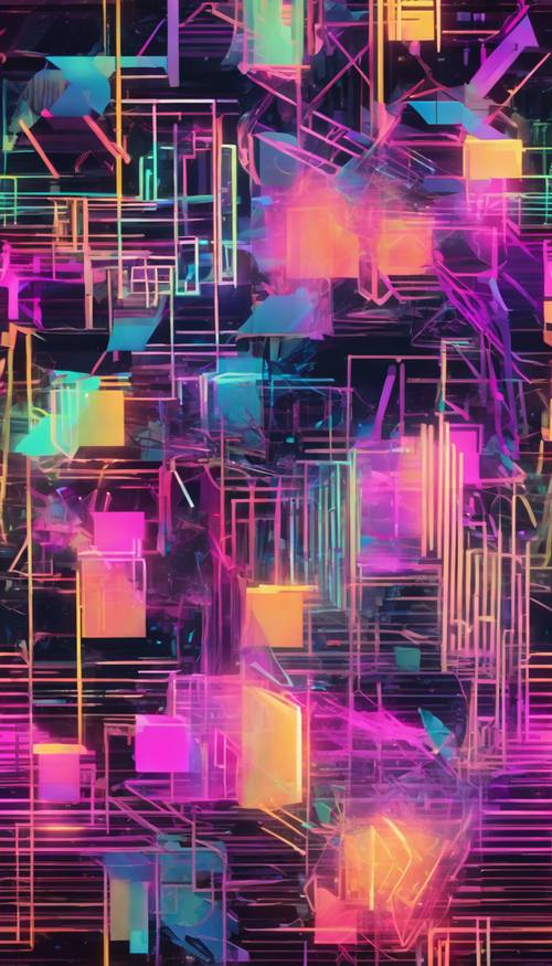 A seamless pattern of jumbled geometric shapes with an overlay of neon lines, embracing the aesthetic of a digital glitch. Тапет [e02a02b3b6844cb6a4f4]