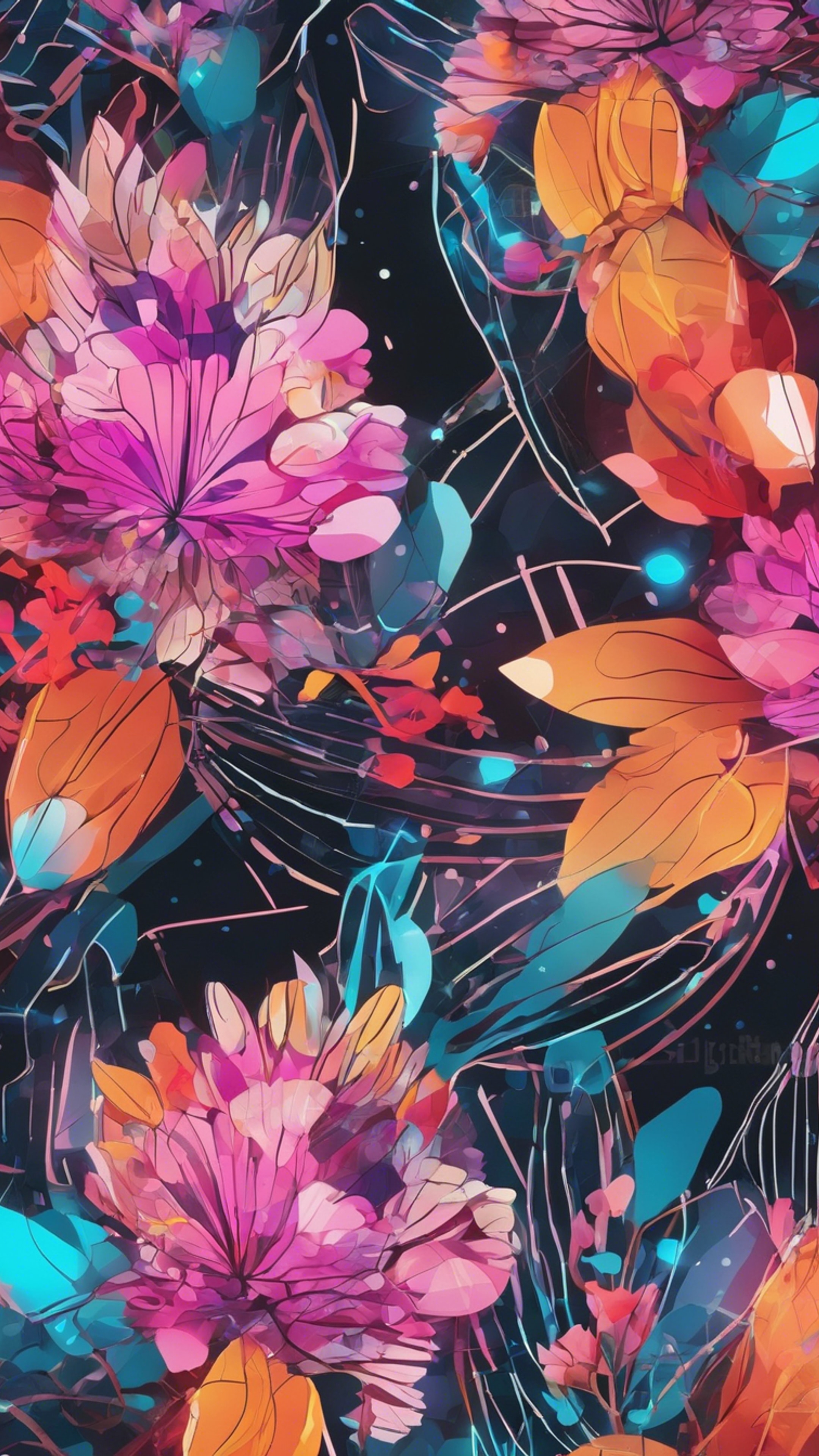 An abstract floral mural with neon colors and geometric shapes.壁紙[dbf69e102c2a463b802a]