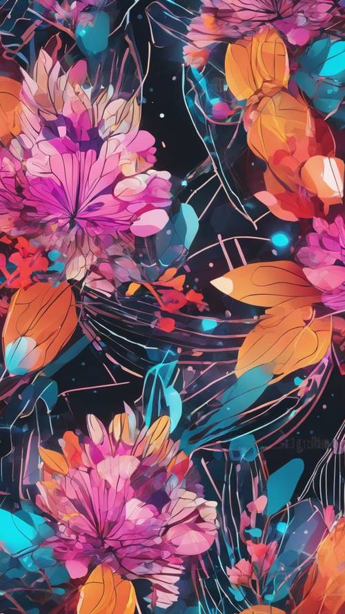 An abstract floral mural with neon colors and geometric shapes.