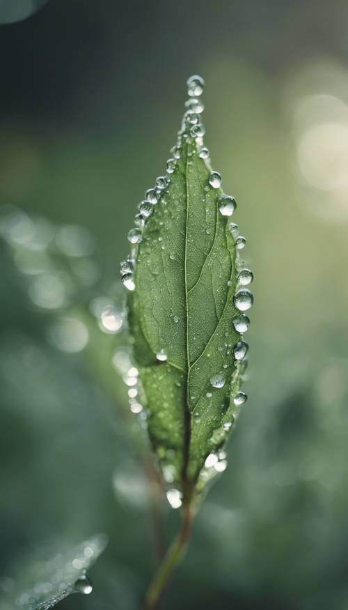 A macro photograph of a leaf drenched in sage green morning dew. Tapeta [76e9ea7f760d48e485ac]
