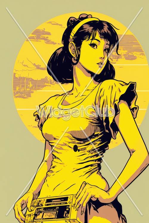 노란색 예술 스타일의 복고풍 애니메이션 소녀