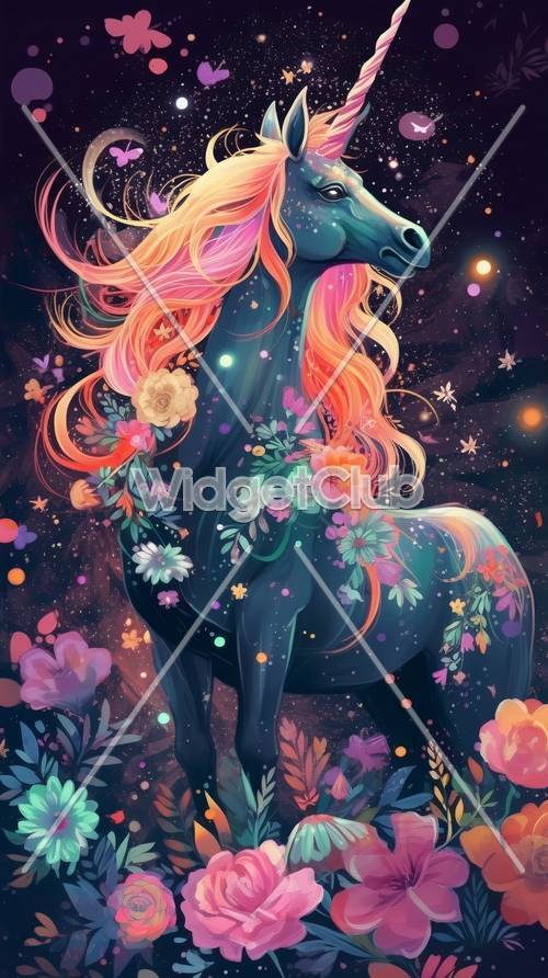 Caballo de fantasía colorido con flores y estrellas.