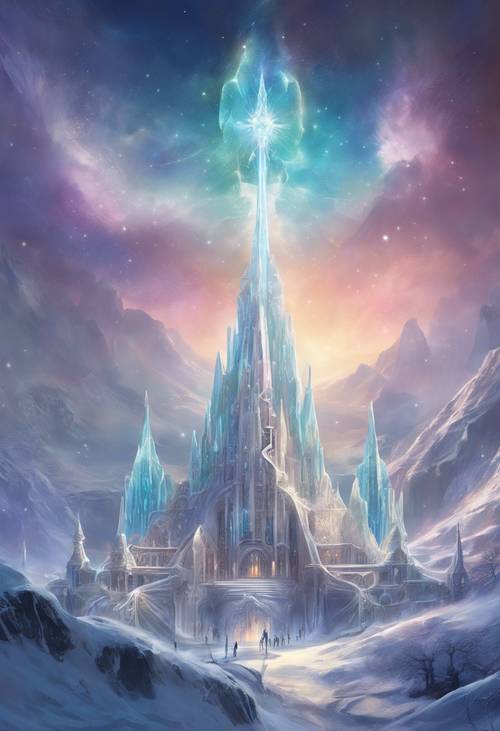Ein Kristallpalast hoch oben auf dem schneebedeckten Berg, umgeben von tanzenden Polarlichtern.