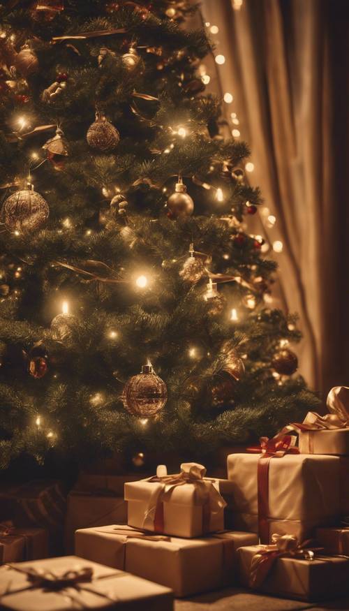 Una escena serena de un árbol de Navidad antiguo con regalos bellamente envueltos debajo, iluminado por la suave luz de las velas. Fondo de pantalla [8c4b7740311546b2a5ea]