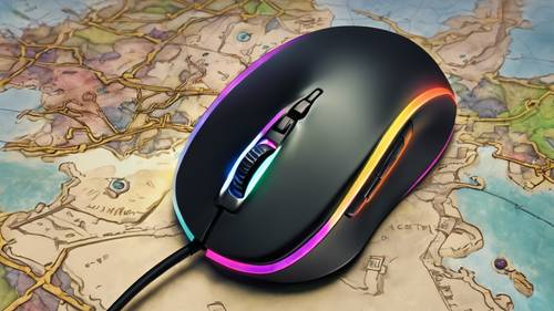 Sebuah mouse gaming hitam dari dekat dengan lampu warna-warni, ditempatkan pada alas mouse dengan peta dunia fantasi.