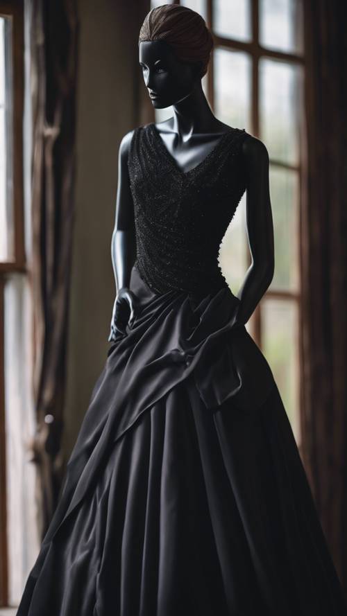Gaun sutra hitam elegan yang dibalut manekin klasik dengan latar belakang gelap.
