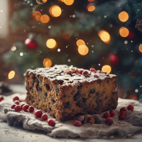 Un pastel de frutas antiguo y mohoso, olvidado hace mucho tiempo bajo un árbol de Navidad cubierto de polvo en un ático desierto.