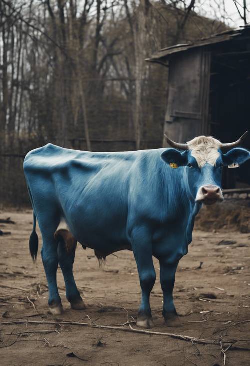 A vintage blue cow standing alone in an abandoned barnyard, conveying a sense of loneliness.