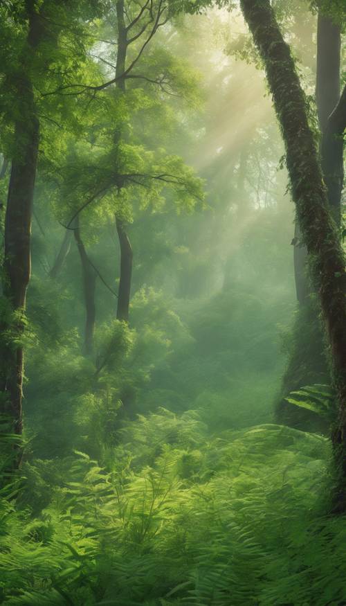 Un bosque verde y exuberante en la niebla de la mañana.