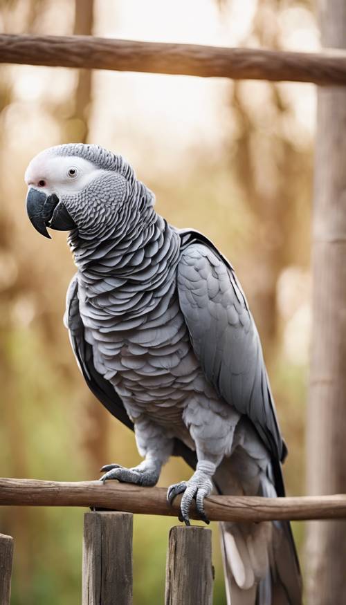 A flamboyant African grey parrot dancing on a well-kept wooden fence.