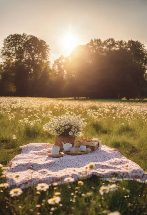 Una coperta da picnic stesa su un campo rigoglioso punteggiato di margherite, sotto la luce soffusa di un tramonto primaverile.