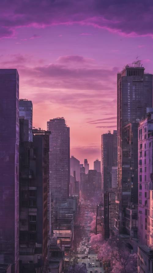 Uno splendido skyline al crepuscolo con varie sfumature di viola e grigio.