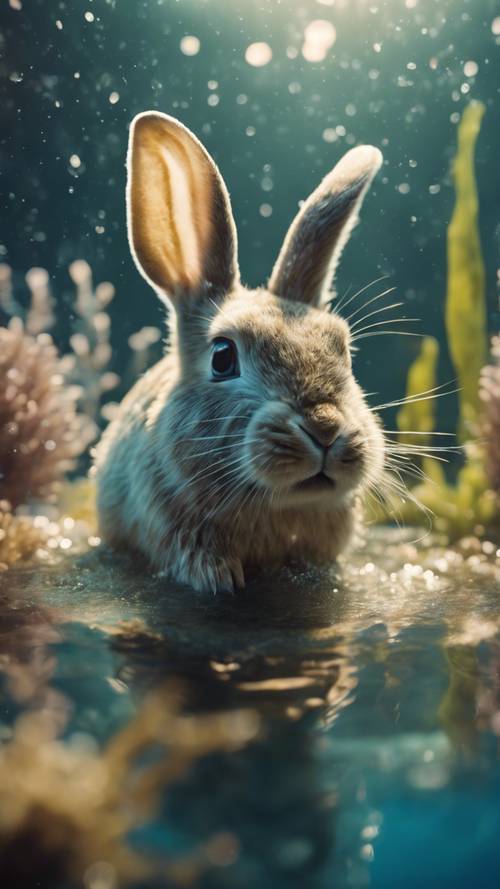 一隻水魚兔在水下王國裡嬉戲。