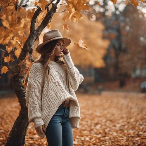 一套休闲的波西米亚风秋季服装，包括一件超大针织毛衣、一顶软呢帽和一双短靴，挂在木衣架上，背景是落叶。
