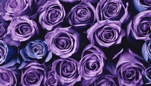 Une expression abstraite de roses violettes et de tulipes bleues, créant un motif floral distinct.