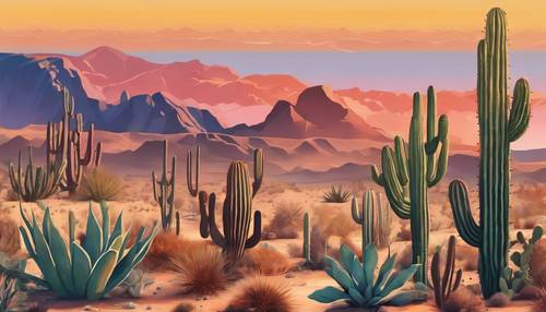 Một bức tranh tường trừu tượng miêu tả phong cảnh sa mạc êm dịu với nhiều loại xương rồng khác nhau dưới bầu trời hoàng hôn chuyển màu.