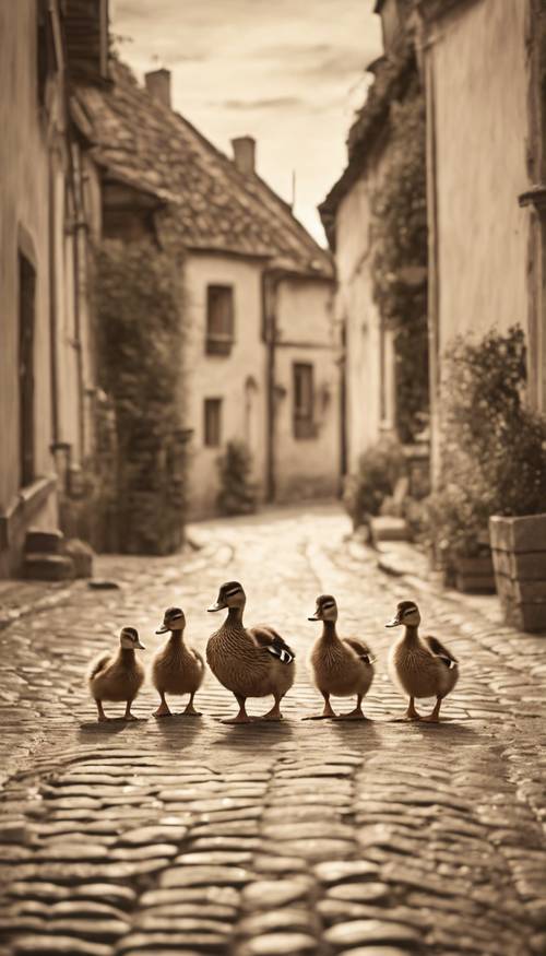 Un dessin aux tons sépia d’une famille de canards traversant une route pavée dans un vieux village européen. La mère cane mène et les canetons la suivent en ligne.