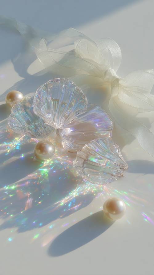 Cristalli scintillanti e perle con riflessi arcobaleno