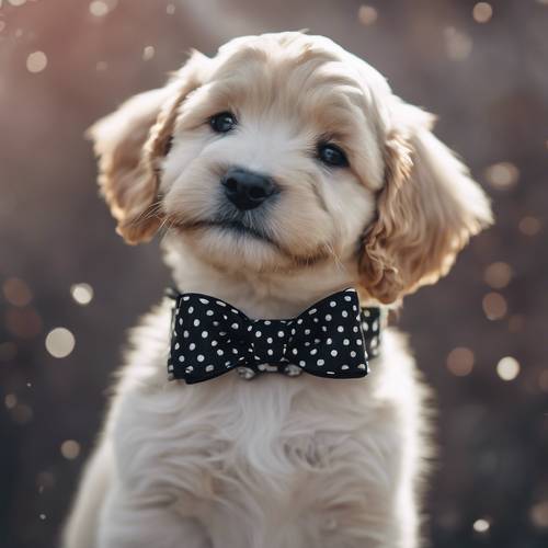 Black polka dot bow adorning a cute puppy's collar