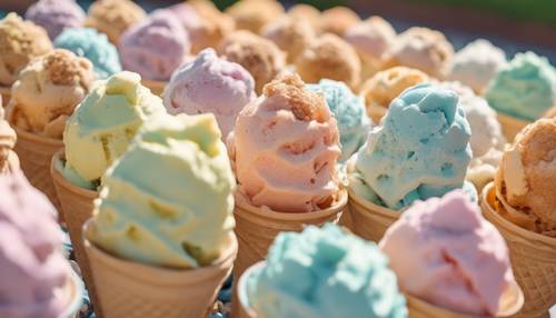 Pastel-colored ice creams in waffle cones, some melting under the summer sun.