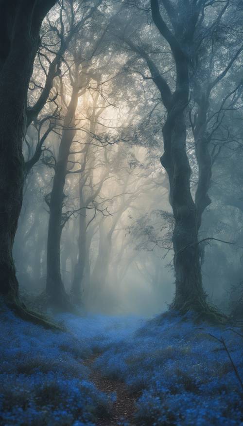 Мистический синий лес, окутанный утренним туманом, между деревьями прячутся волшебные существа.