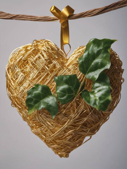 Um coração ousado e dourado pendurado em uma fita de cetim tradicionalmente tecida em hera.