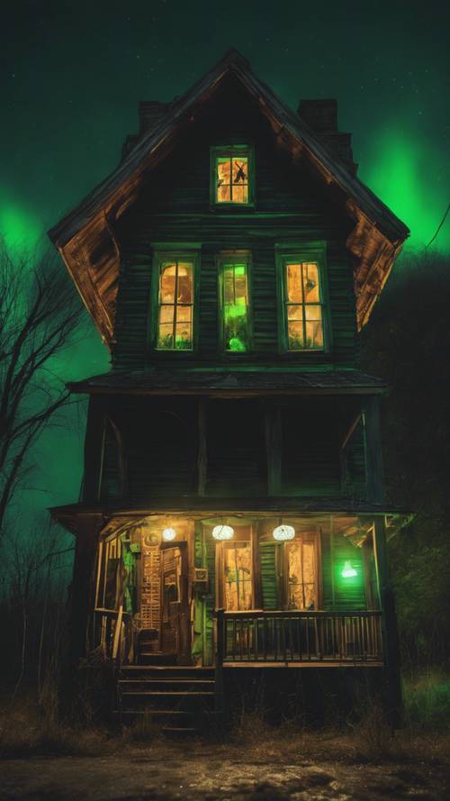 בית עץ ישן עם אורות ירוקים ומפחידים זוהרים מהחלונות, עם קישוטי ליל כל הקדושים וינטג&#39; תלויים בחוץ.