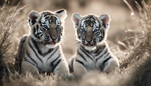 Two black and white tiger cubs, playing with each other in a soft, sunny grassland.