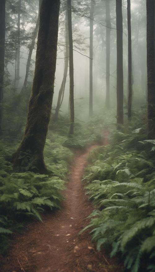 一条狭窄的小路蜿蜒穿过一片茂密、奇异的森林，笼罩在淡淡的晨雾中。