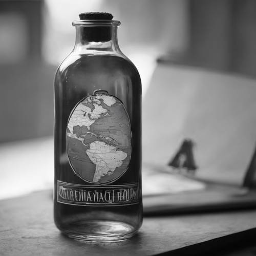 Um mapa-múndi em tons de cinza formando o rótulo de uma garrafa redonda de vidro vintage.