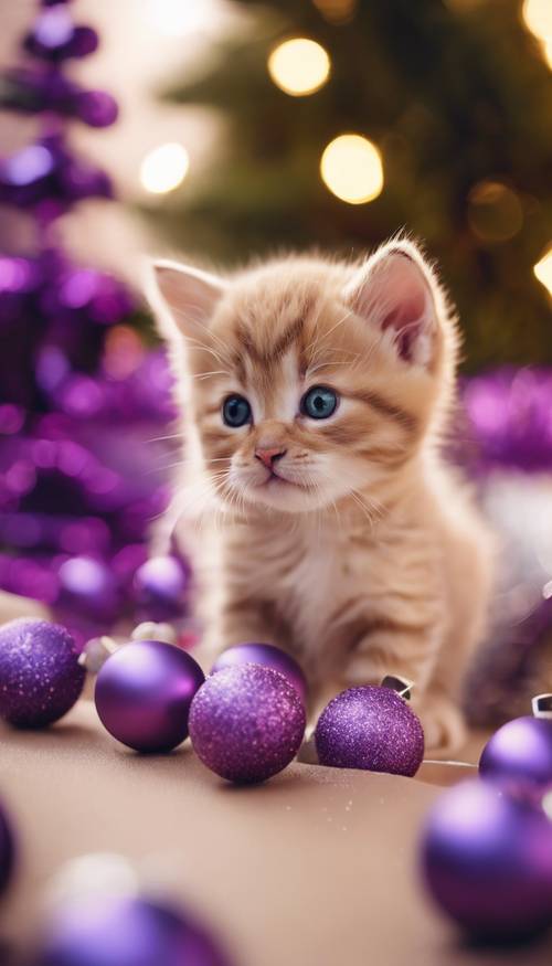 Un adorabile gattino che gioca con un mucchio di lucide decorazioni natalizie viola.