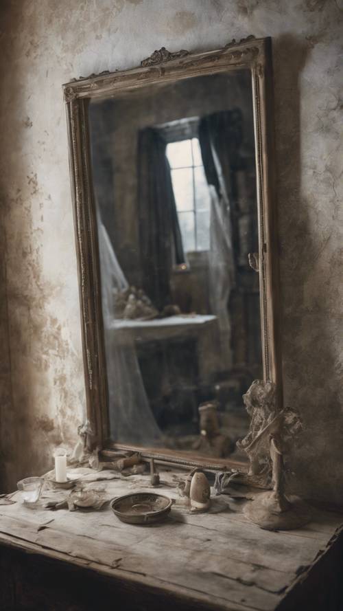 A haunted house interior with ghostly figure appearing in a dusty old mirror.