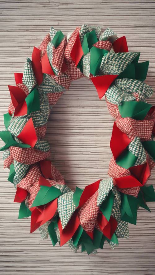 Una ghirlanda natalizia realizzata con pezzi di tessuto colorato con motivo a rombi.