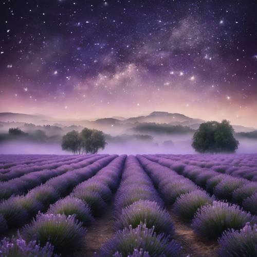 Un campo de lavanda brumoso bajo un cielo nocturno repleto de estrellas, con una cita susurrante sobre el misterio.