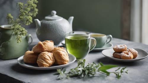 A sage green tea set on a grey stone table, accompanied by a variety of fresh pastries.